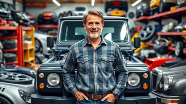Man upgrading SUV in a workshop with car parts.