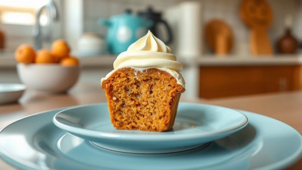 Half-eaten carrot cupcake on a blue plate with 'Happy' sign.
