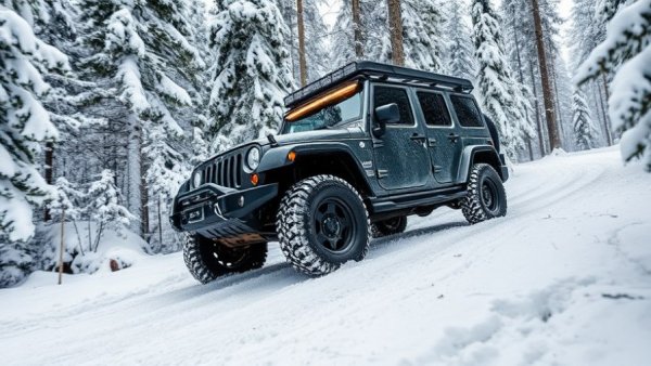 SUV demonstrating winter driving tips in snowy forest.