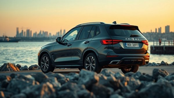 Sleek SUV by waterfront with city skyline, best used SUVs with great gas mileage.