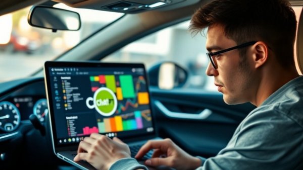 AI-powered car tuning with curious man analyzing data on laptop.