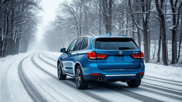 Blue SUV driving on snowy road; automotive storage tips.