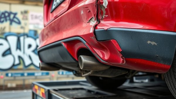 Rear-end collision showing damaged car secured on tow truck.