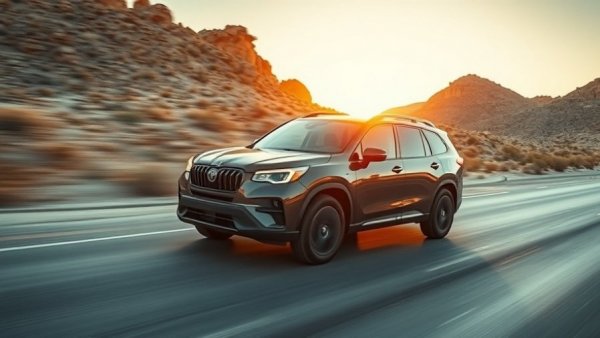 Sleek SUV driving on desert road at sunset, best cars 2024.