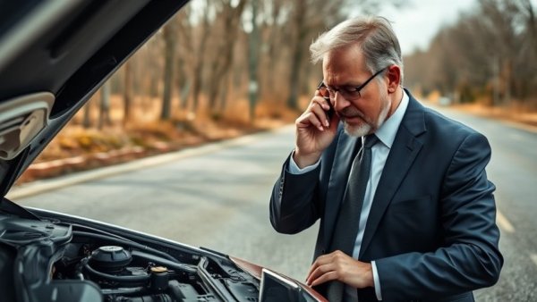 Middle-aged man inspects car engine on phone, Rogers auto accident.