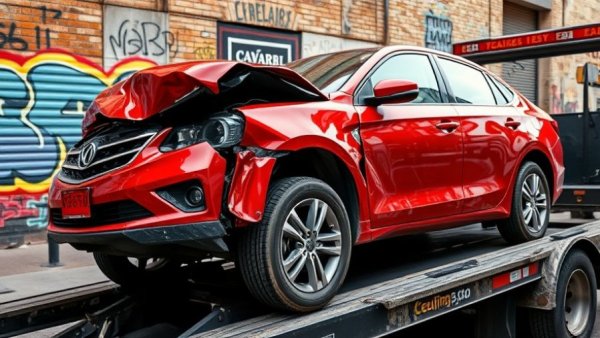 Damaged red car being towed after accident, auto accident lawyer in Springdale, AR