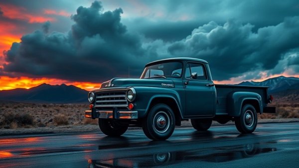 Vintage Dodge Warlock truck on a stormy road; Dodge Warlock history.