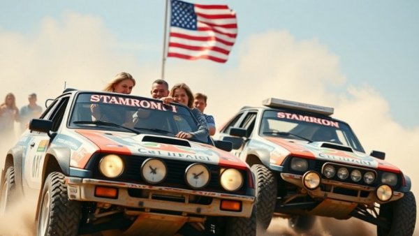 Cheap rally racing in Kentucky with young adults and American flag.
