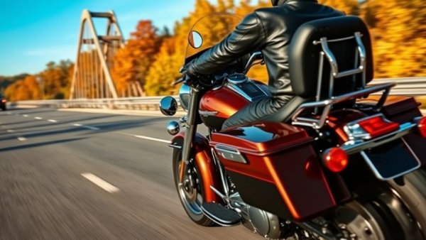 Harley-Davidson Electra Glide cruising under bridge in autumn daylight.