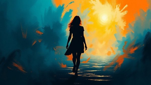 Silhouette walking towards light in an abstract self-care routine setting.