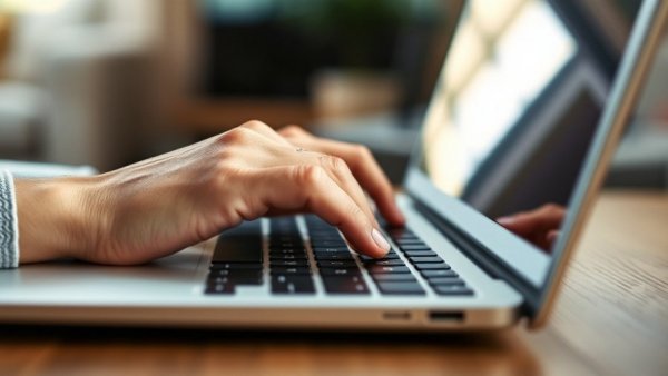 Hands typing on a laptop, illustrating AI advancements in healthcare.