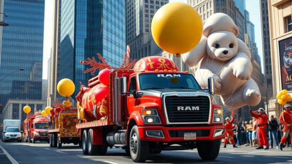 Macy's Thanksgiving Day Parade featuring a Ram truck amidst lively performers and colorful balloons.