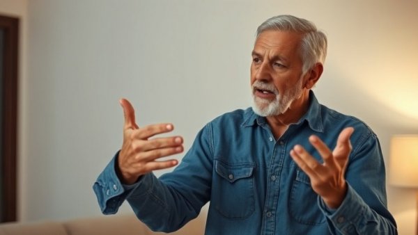 Older man discussing tips on how to maintain a car indoors, gesturing.