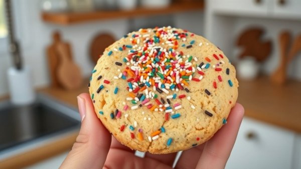 Colorful sprinkle-covered cookie held, high protein snacks concept.