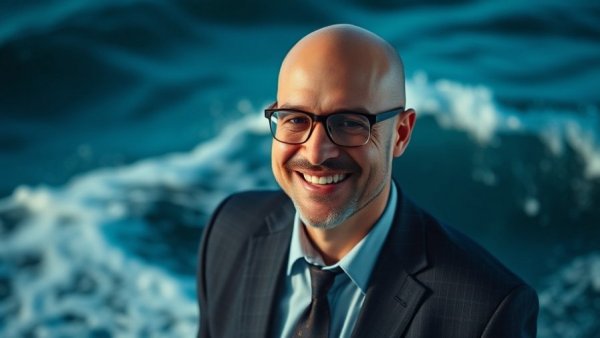 Digital meditation ad featuring smiling man with oceanic background.