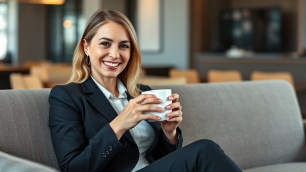 Businesswoman smiling in modern office lounge, holding coffee.