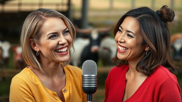 Podcast cover on Big Agriculture myths with two smiling hosts.