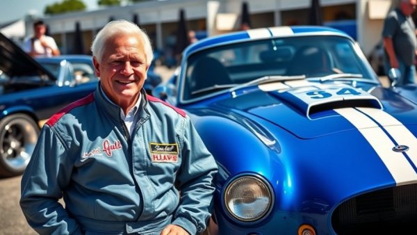Peter Brock with Shelby Daytona Coupe at car event under clear sky.