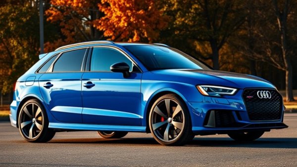 Sleek blue 2026 Audi RS3 in autumn setting.