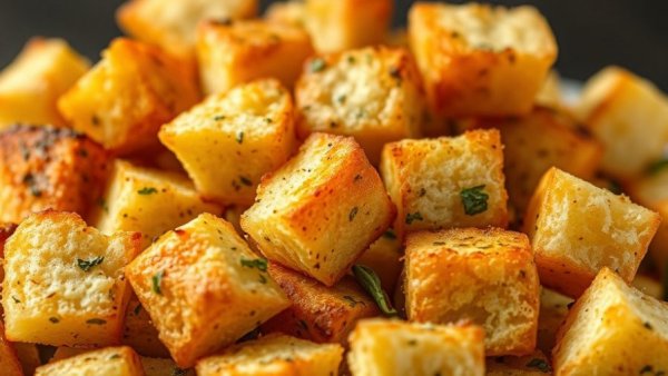 Crispy seasoned homemade croutons, close-up view.
