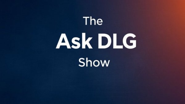 Minimalist design with text 'The Ask DLG Show' on a textured blue background.