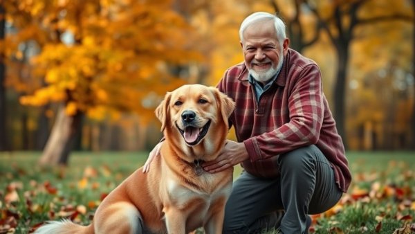 Man smiling with dog in autumn park, showcasing joy and nature.