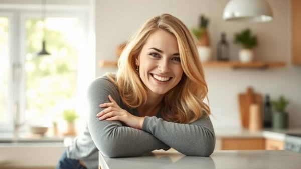 Blonde woman in kitchen sharing healthy lifestyle tips.