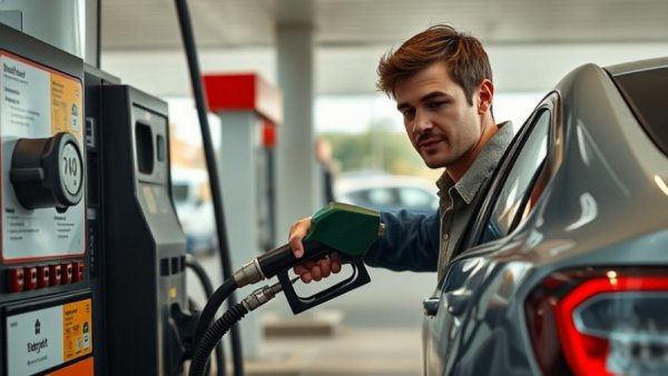 Person refueling car, discuss soften fuel economy rules.