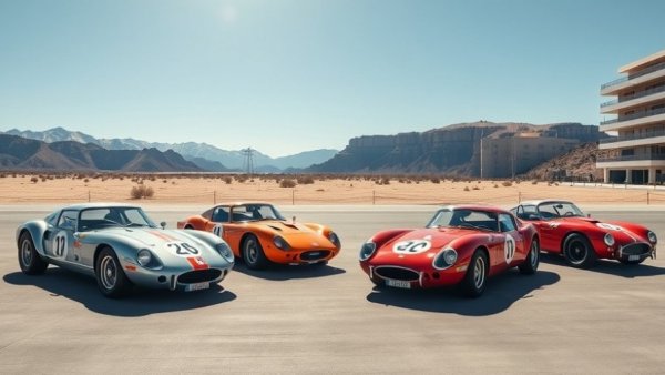 Vintage Audi racing cars at five-cylinder engine anniversary event in desert.
