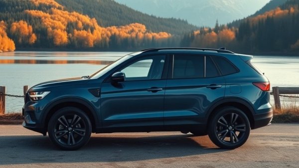 Blue SUV parked by scenic river, showcasing best SUVs with six-cylinder engines.
