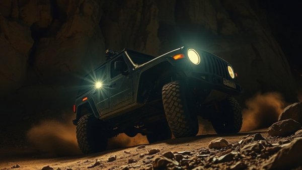 Truck rear axle snapping on rocky terrain at night.