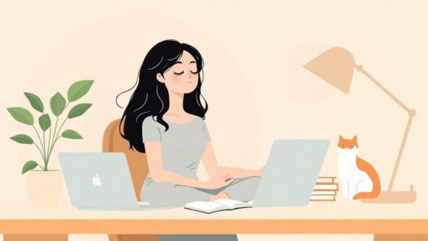 Minimalist illustration of a woman practicing mindfulness meditation at a desk with soft colors and simple shapes.