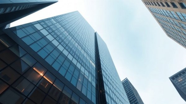 Modern building exterior, sleek glass facade viewed from ground level.