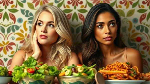 Women considering healthy lifestyle tips with nutritious dishes.