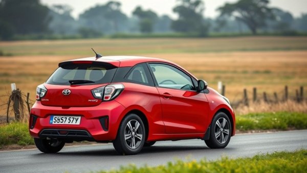 Sleek red kei car parked on rural road surrounded by greenery.