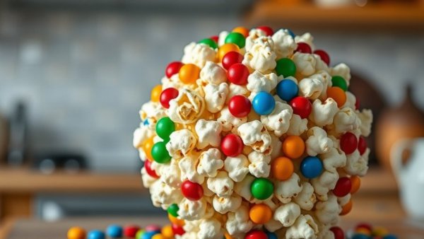 Festive popcorn ball with colorful candies, Christmas popcorn recipe.