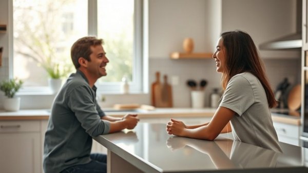 Joyful individual discussing tips in a kitchen setting.