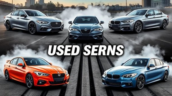 Collage of sleek sedans with text about best used sedans 2025.