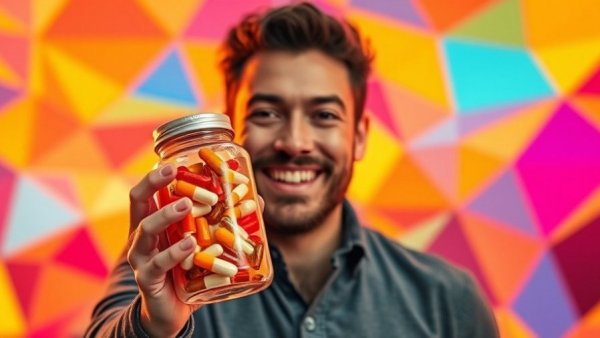 Smiling man with supplement jar highlighting how to live a healthy lifestyle.