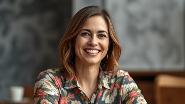 Smiling woman shares healthy lifestyle tips indoors, soft lighting