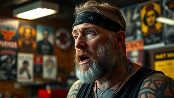 Middle-aged man with tattoos in a garage, wearing a bandana, speaking passionately.