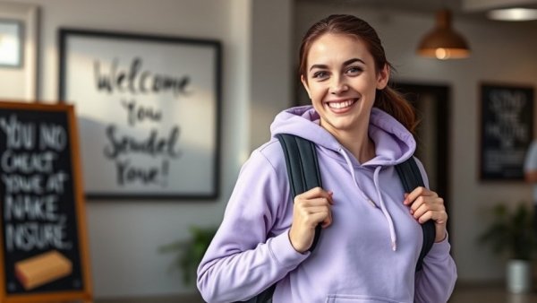 Woman smiling with a black backpack reviewing lululemon.