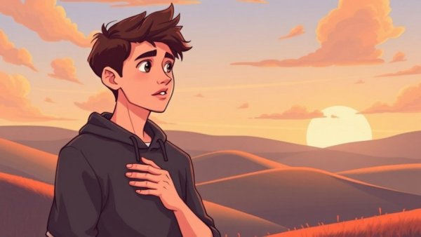 Thoughtful young man reflecting on kindness amidst a serene sunset landscape.