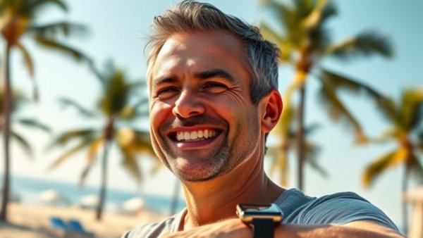 Confident middle-aged man enjoying a beach day, wearing a smartwatch, illustrating remote patient monitoring in healthcare.