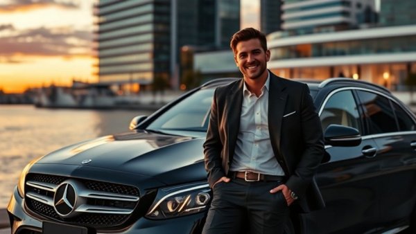 Stylish person with Mercedes-Benz car by waterfront, sunset.