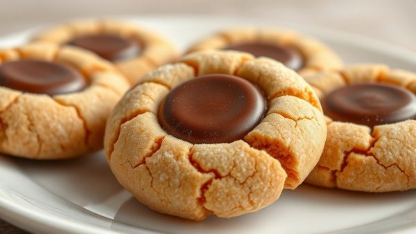 Flourless peanut butter blossoms with chocolate center on dish.