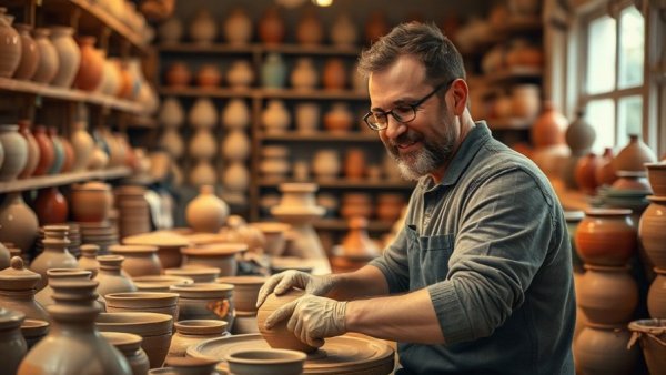 Man practicing self-care for anxiety with pottery making, vibrant ceramic shop.