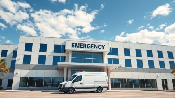 Modern hospital entrance with ambulance, reflecting healthcare advancements.