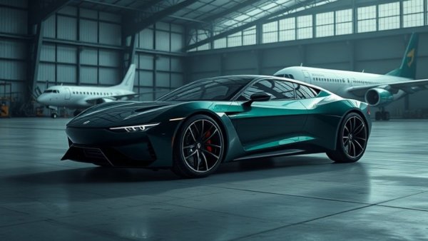 Genesis G90 Wingback Concept in hangar with plane, moody lighting.