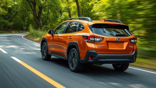 2026 Subaru Uncharted, orange SUV driving on a scenic road.